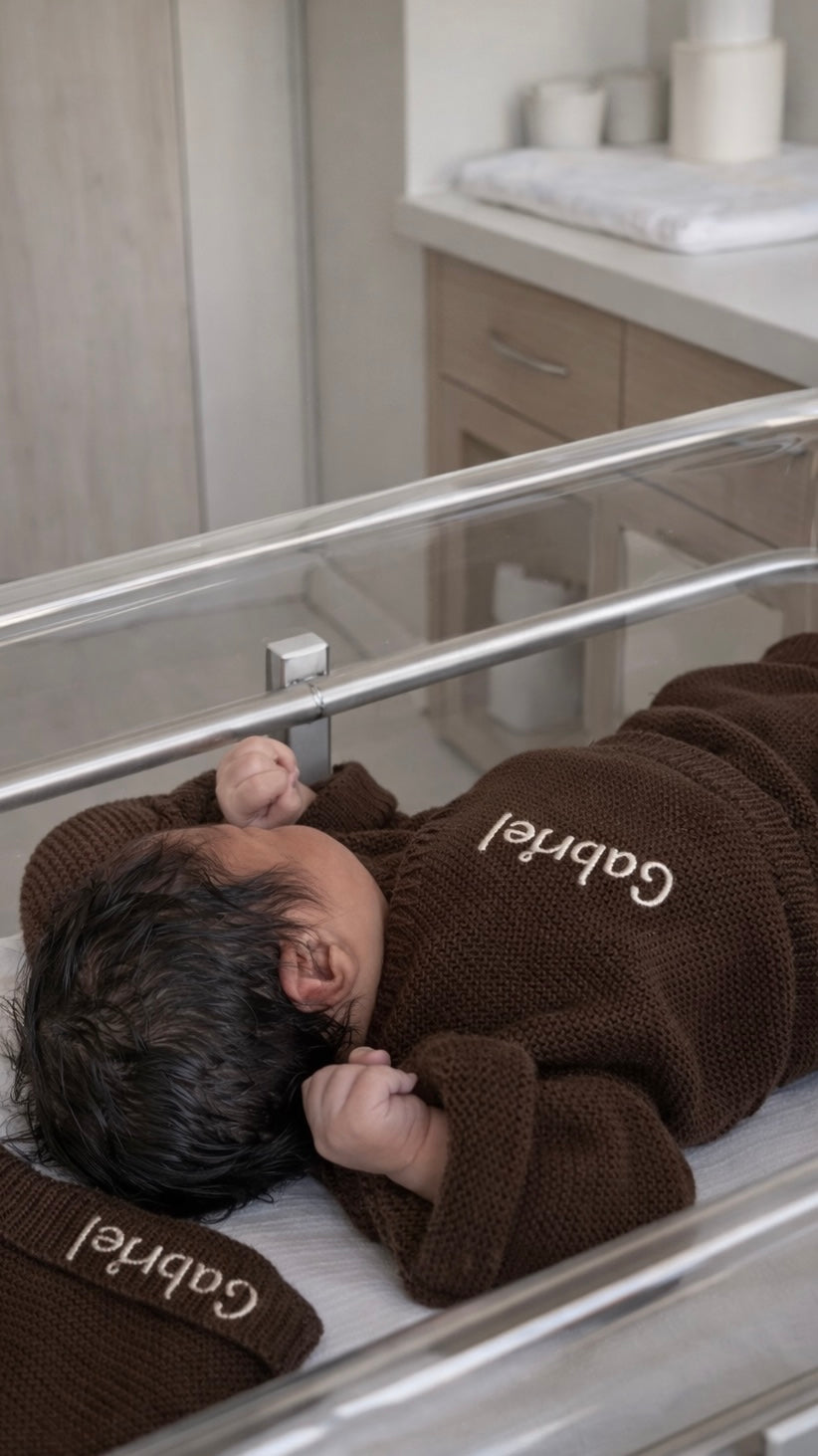 Tenue de naissance en maille marron - 4 pièces