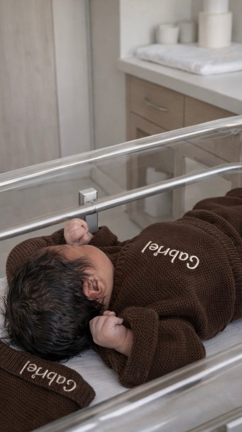Tenue de naissance en maille marron - 4 pièces