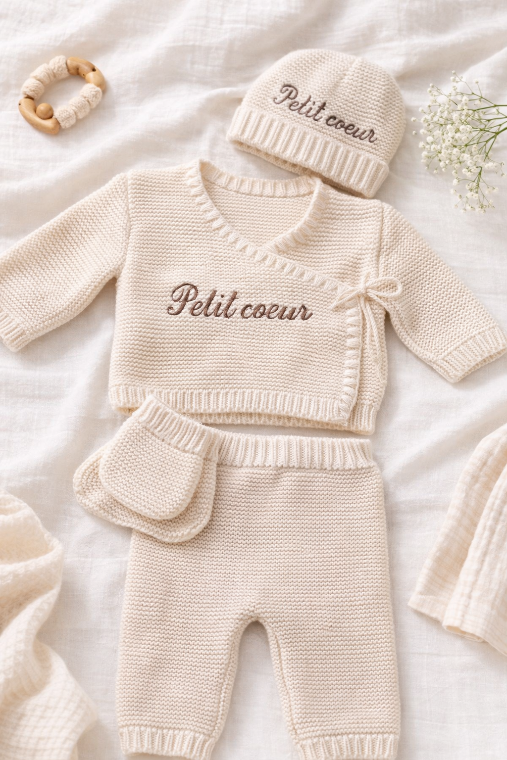Tenue de naissance beige en maille - 4 pièces