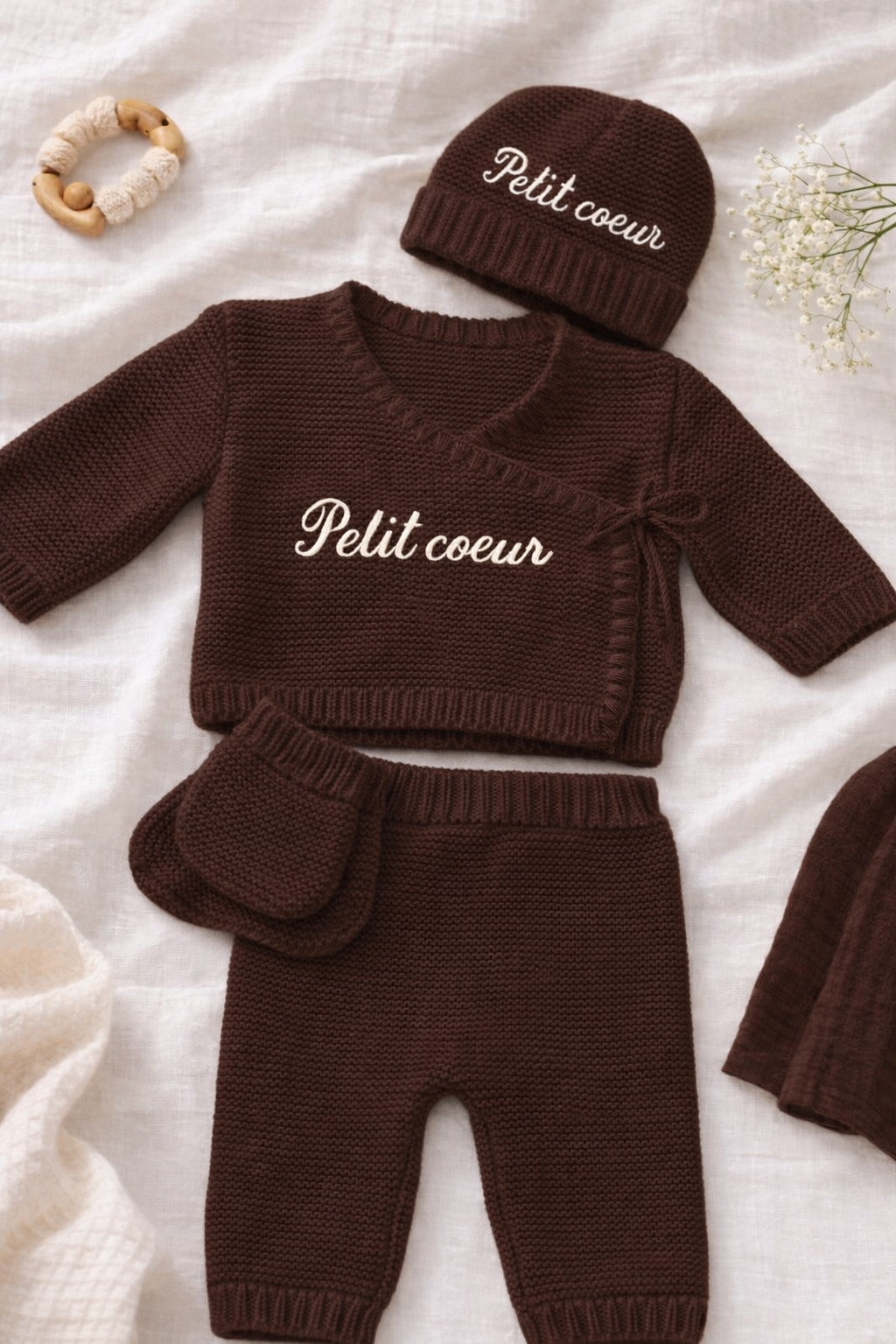 Tenue de naissance en maille marron - 4 pièces