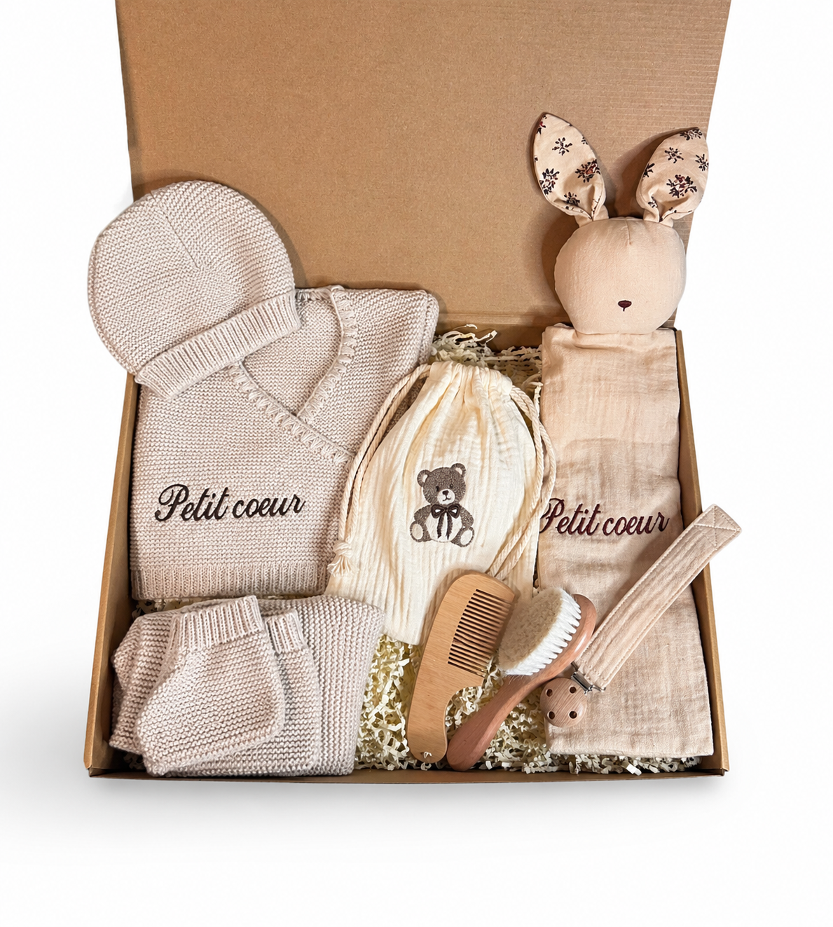 Coffret naissance « Petit Cœur » Beige naturel — 10 pièces